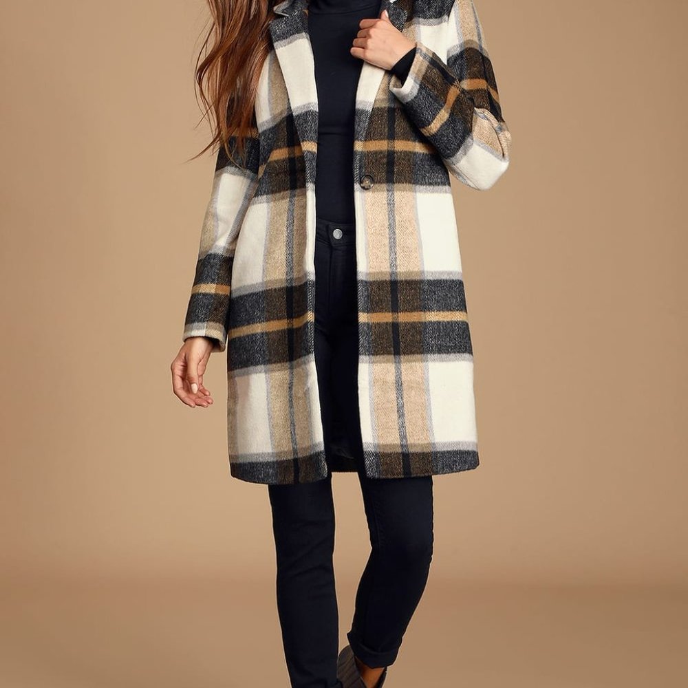 Cupcakes & Cashmere Cher Ivory Plaid Wool Coat Med